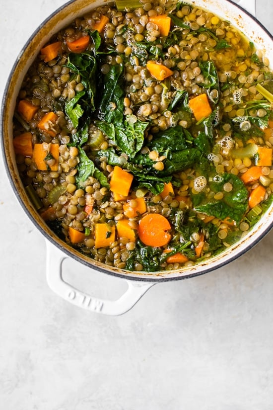 Make a big pot of this healthy, vegetarian (and vegan) Lebanese Lentil Soup, made with green lentils, kale, sweet potato, ginger and lots of garlic and lemon.