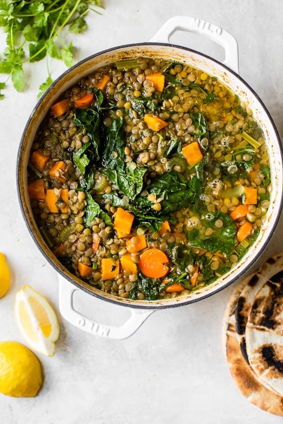 Make a big pot of this healthy, vegetarian (and vegan) Lebanese Lentil Soup, made with green lentils, kale, sweet potato, ginger and lots of garlic and lemon.