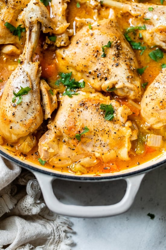 Paprika Chicken Stew is an easy weeknight dish made with chicken pieces on the bone, bell peppers, and lots of Hungarian paprika.