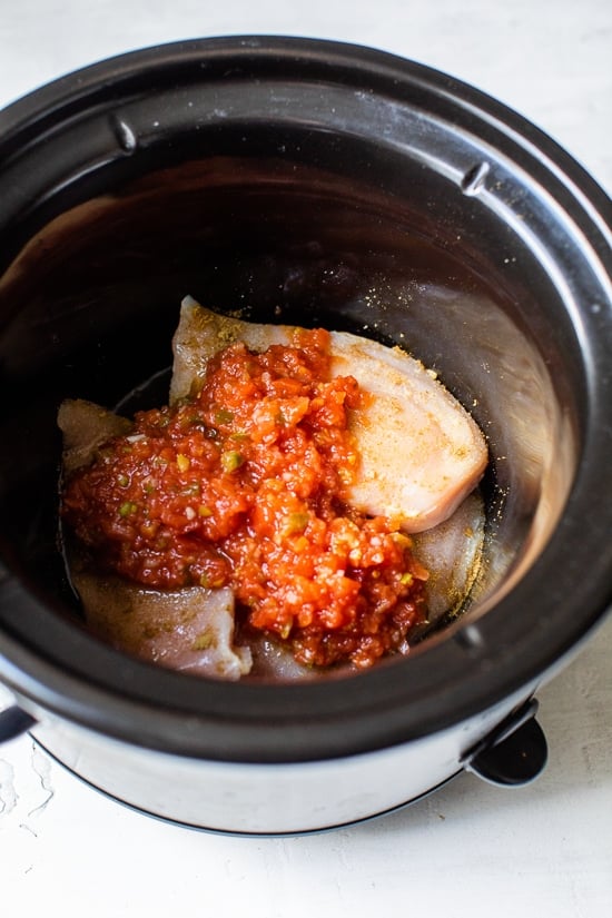 easy crock pot shredded salsa chicken