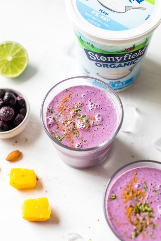 Tropical Lassi is a healthy, Indian yogurt drink blended with frozen mango, tart blueberries and spices.