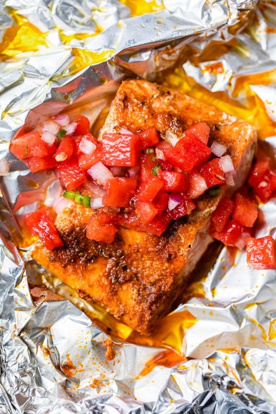 Foil Packet Spice Rubbed Fish with Watermelon Salsa