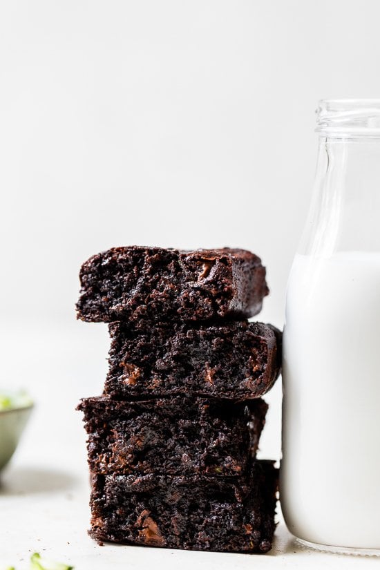 Flourless Zucchini Brownies with a bottle of milk