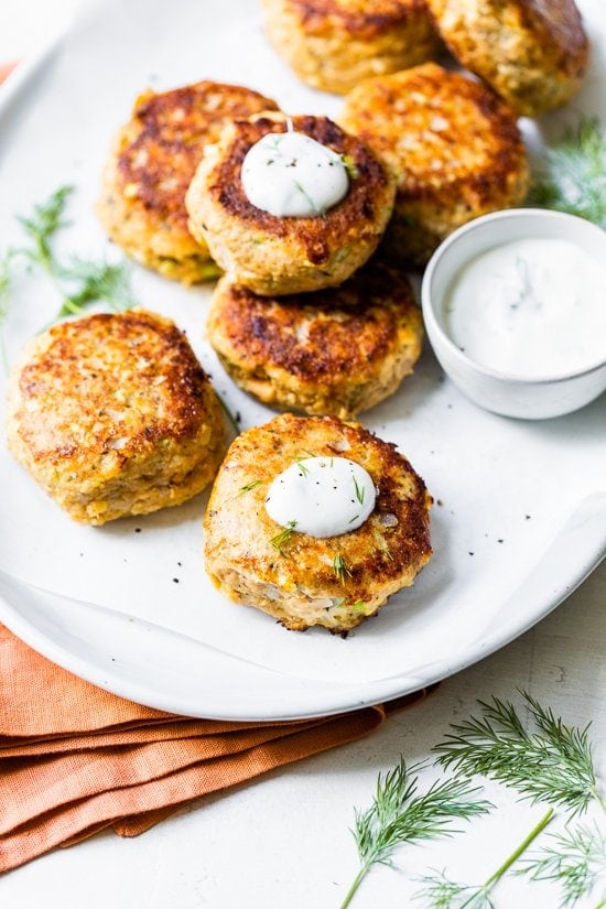 These low-carb Salmon Croquettes with Dill Sauce are healthier than traditional deep-fried ones and use only egg as a binder rather than breadcrumbs or crackers.