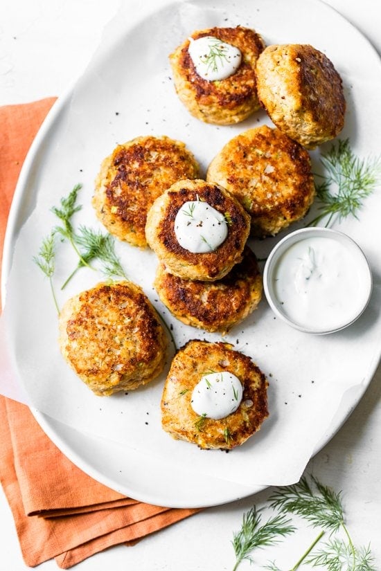 These low-carb Salmon Croquettes with Dill Sauce are healthier than traditional deep-fried ones and use only egg as a binder rather than breadcrumbs or crackers.