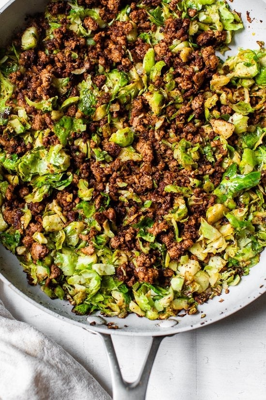 Spicy Pork Brussels in a skillet