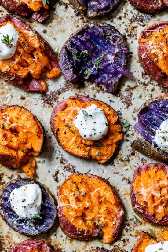 smashed sweet potatoes with parmesan