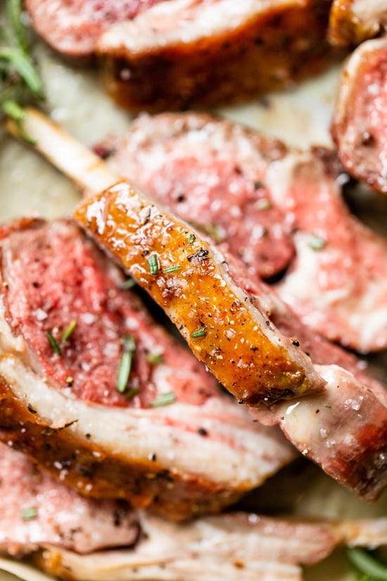 Frenched Rack of Lamb close up.