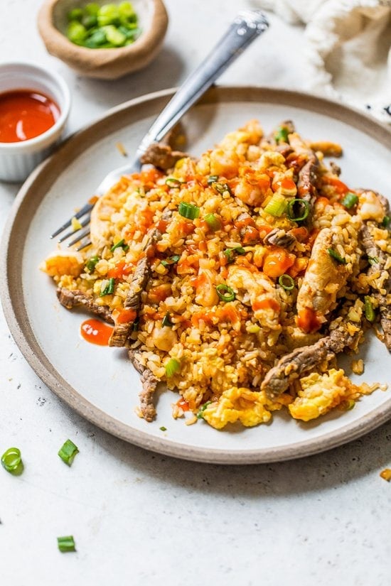 Fried rice with chicken, beef and shrimp.