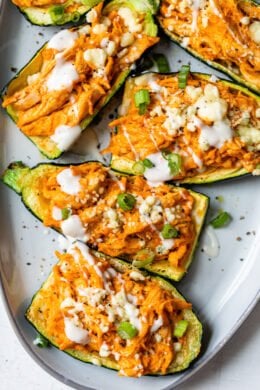 You won’t miss the carbs in these low-carb zucchini skins loaded with buffalo chicken and cheese made in the air fryer!