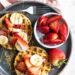Oat Waffles with strawberries, peanut butter and bananas.
