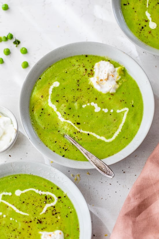 pea soup in a bowl with garnish