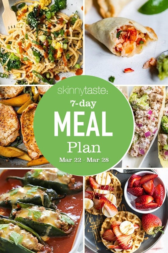 Free 7-day flexible weight loss meal plan that includes breakfast, lunch, dinner and a shopping list.  All recipes include updated calories and WW Smart Points.