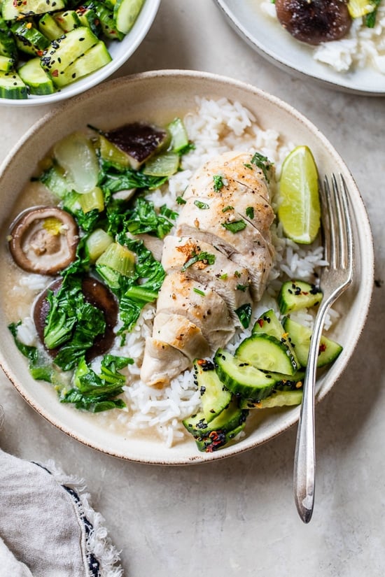 Chicken boiled coconut with Bok Choy, cucumber and rice.