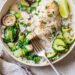Coconut-Poached Chicken with Bok Choy, cucumbers and rice.