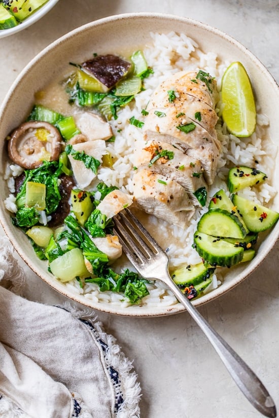 Boiled Chicken With Coconut With Bok Choy, Cucumber And Rice.