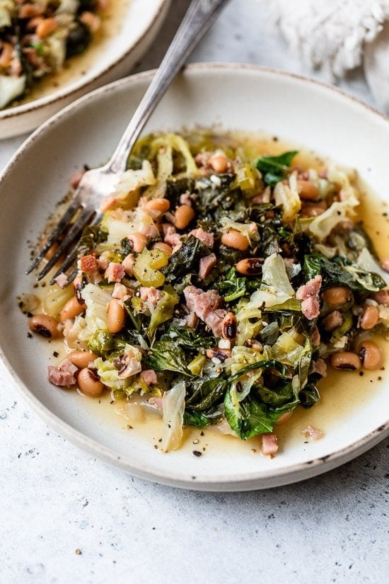 Black Eyed Peas with Leftover Ham Bone, Collard Greens and Cabbage