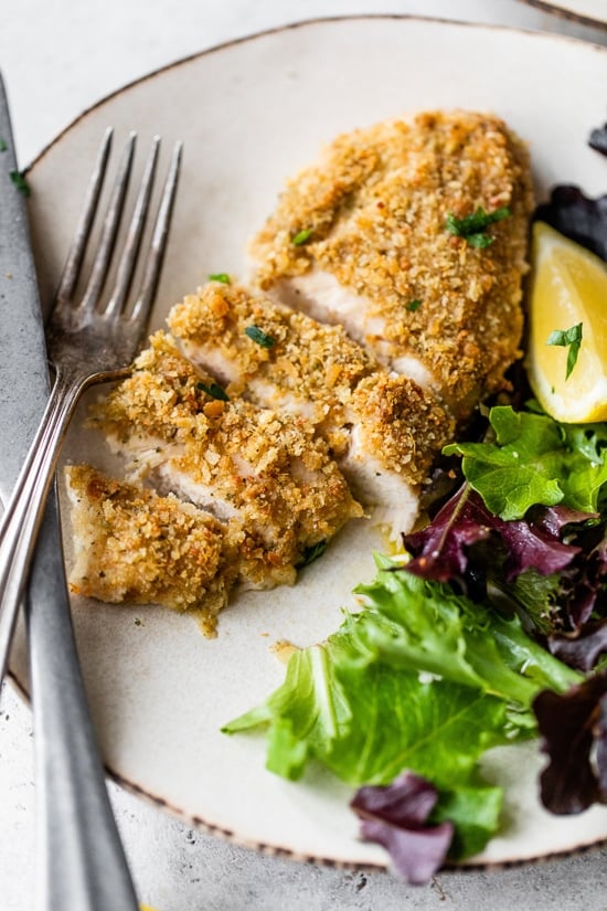 Grilled chicken breast with Panko-Parmesan breadcrumb topping