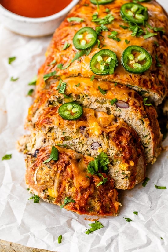 Turkey meatloaf with beans, corn and enchilada sauce