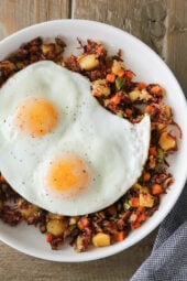 Corned Beef Hash with sunny side up eggs.