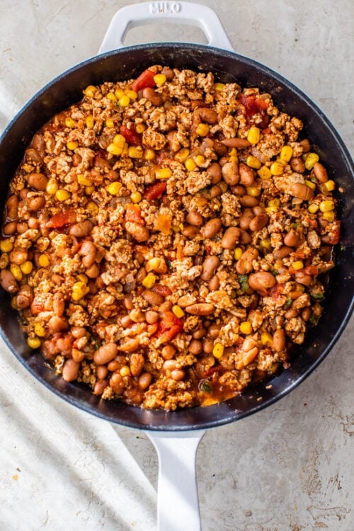 Skillet with ground turkey, beans and corn