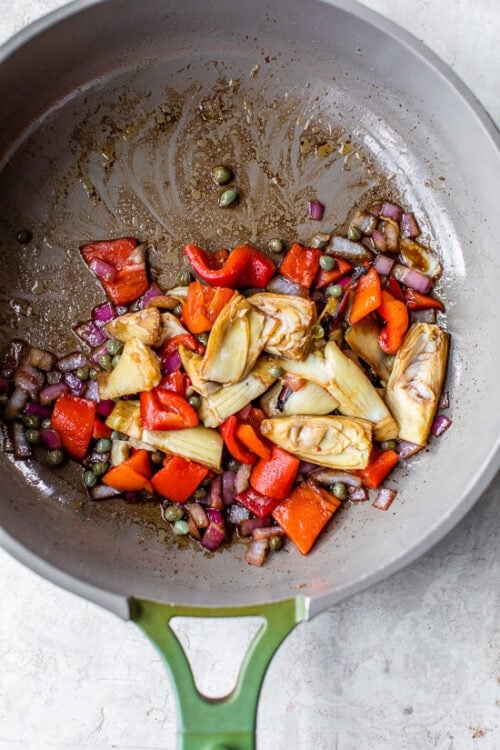 Warm Salad with Artichoke Hearts, Roasted Peppers, Mozzarella