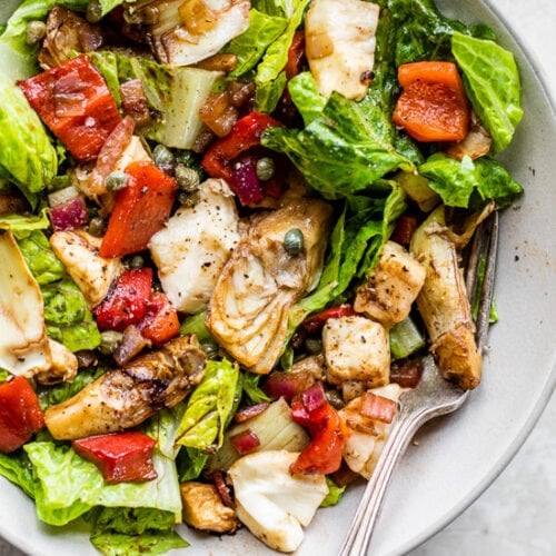 Warm Salad with Artichoke Hearts, Roasted Peppers, Mozzarella