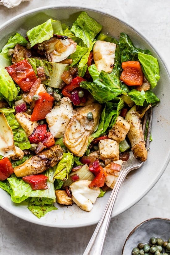 Warm Salad with Artichoke Hearts, Roasted Peppers and Mozzarella
