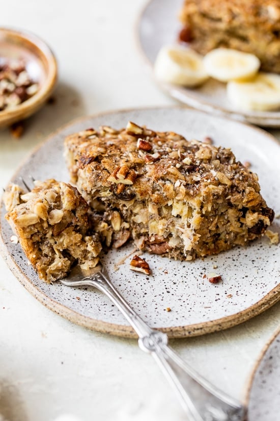 Instant Pot Baked Oatmeal on a plate with a fork