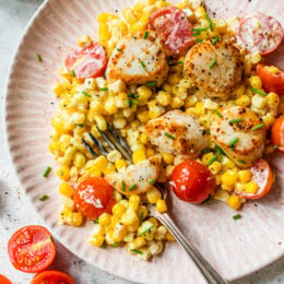Seared Scallops with Creamy Corn, Tomatoes and Chives