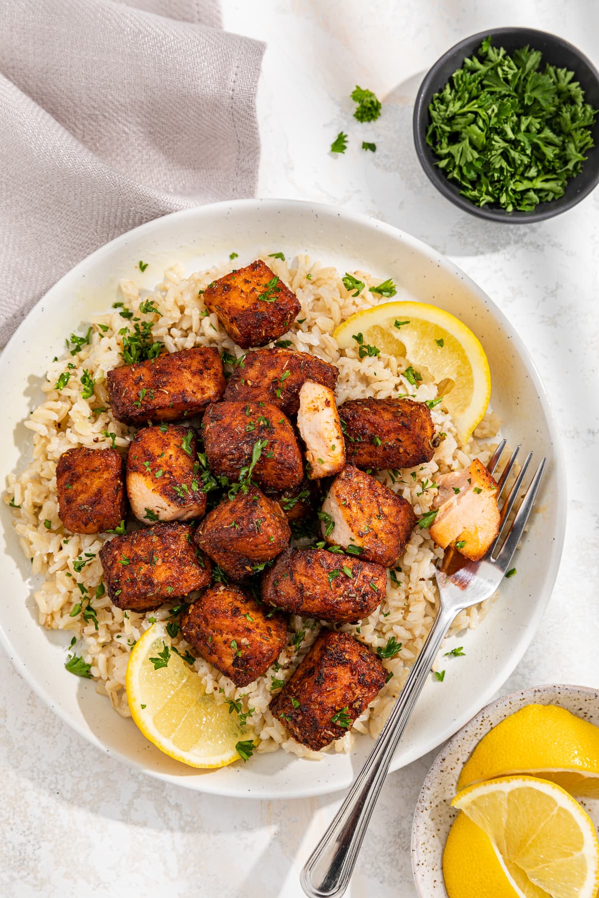 Blackended Air Fryer Salmon Bites with rice