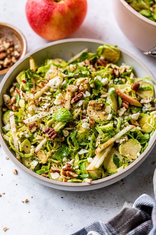 Autumn Brussels sprouts salad with apple, pecans and blue cheese