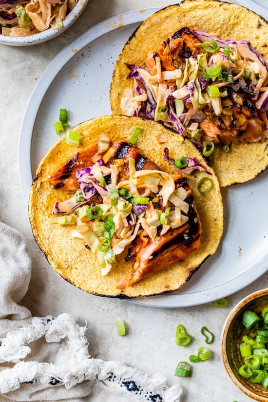 Korean style salmon tacos and spicy coleslaw