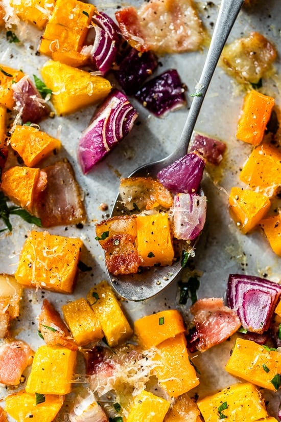 Roasted Butternut Squash with Onions, Bacon, and Parmesan