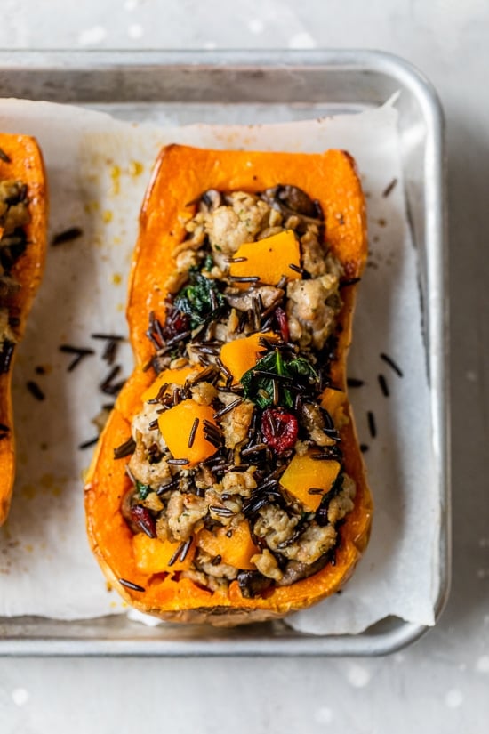 Stuffed Butternut Squash with Wild Rice and Sausage