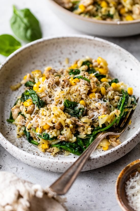 Orzo with Italian Sausage, Corn and Spinach