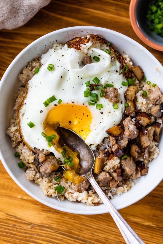 Savory Steel Cut Oats with a runny egg