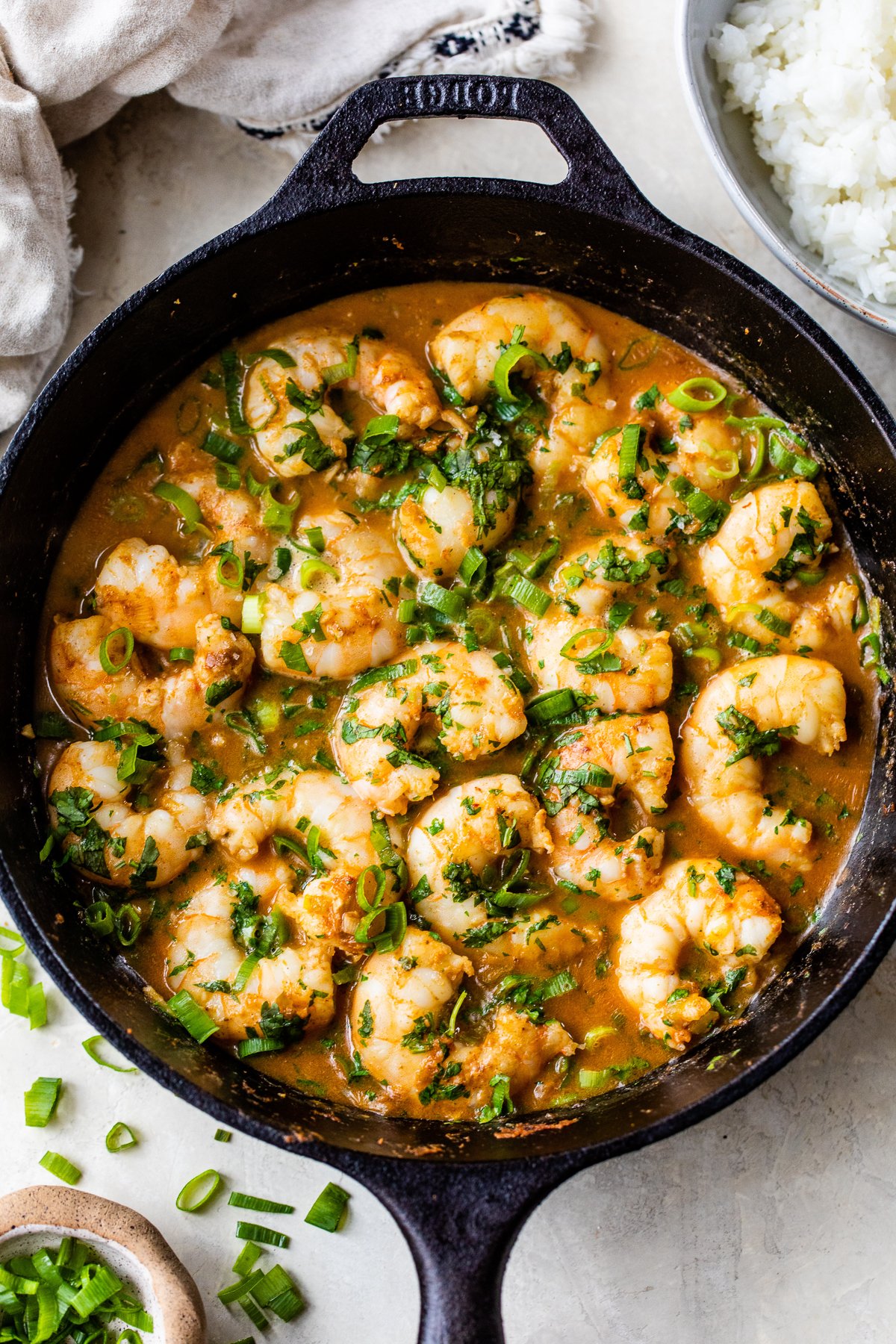 Red Thai Coconut Curry Shrimp in Frying Pan
