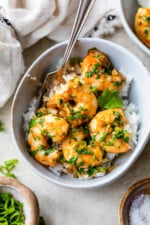 Thai Coconut Curry Shrimp in a bowl with rice.