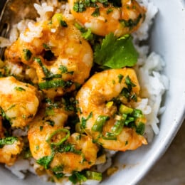 Red Thai Coconut Curry Shrimp with cilantro on top over rice