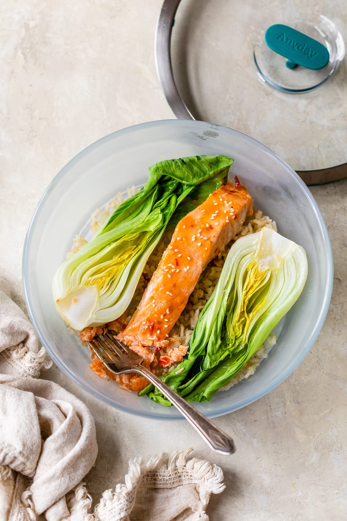 5-Minute Microwave Salmon Rice Bowl with Bok Choy