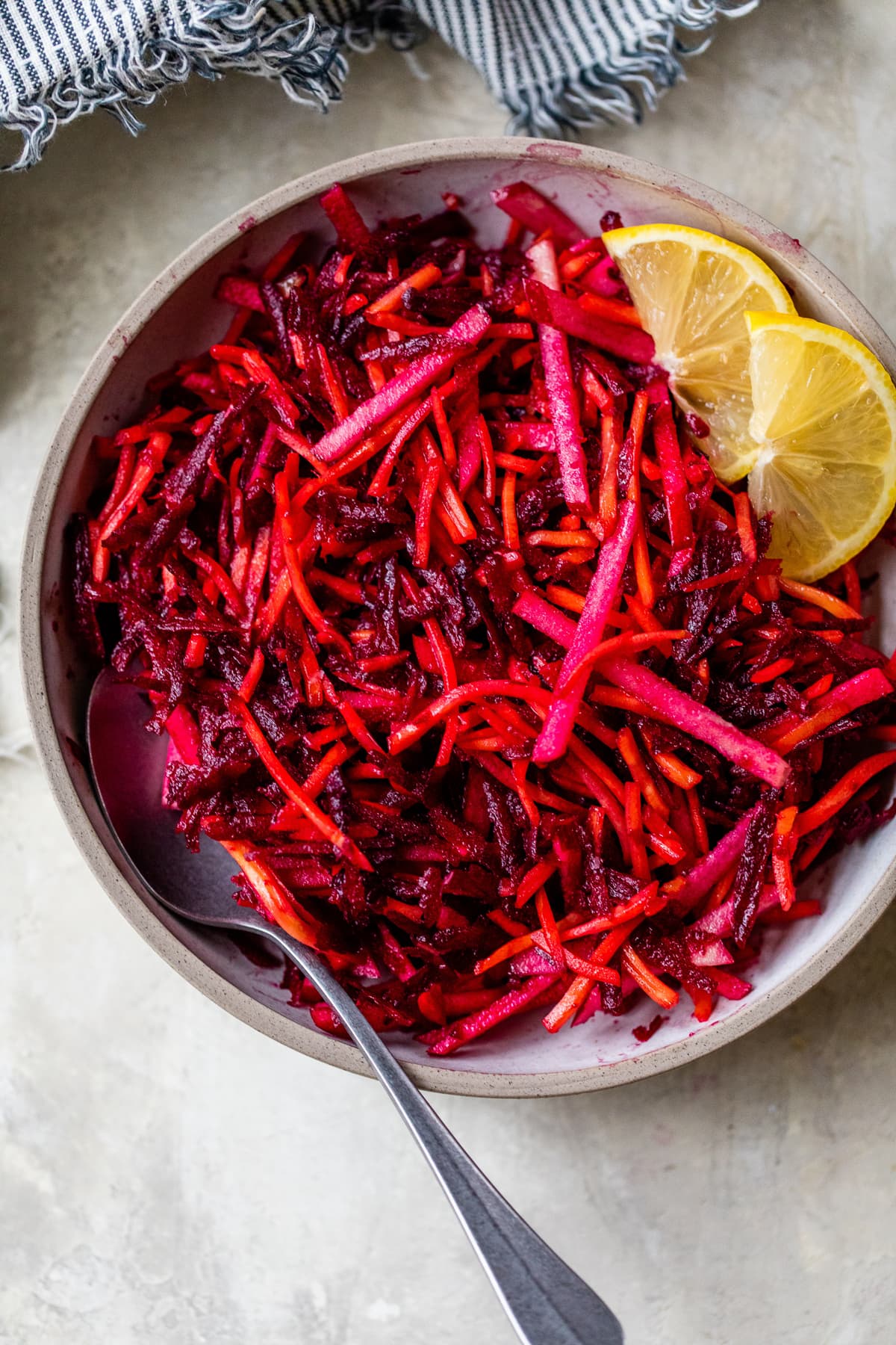 Beet carrot and apple coleslaw with lemon