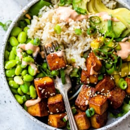 Tofu Poke Bowl with edamame and avocado