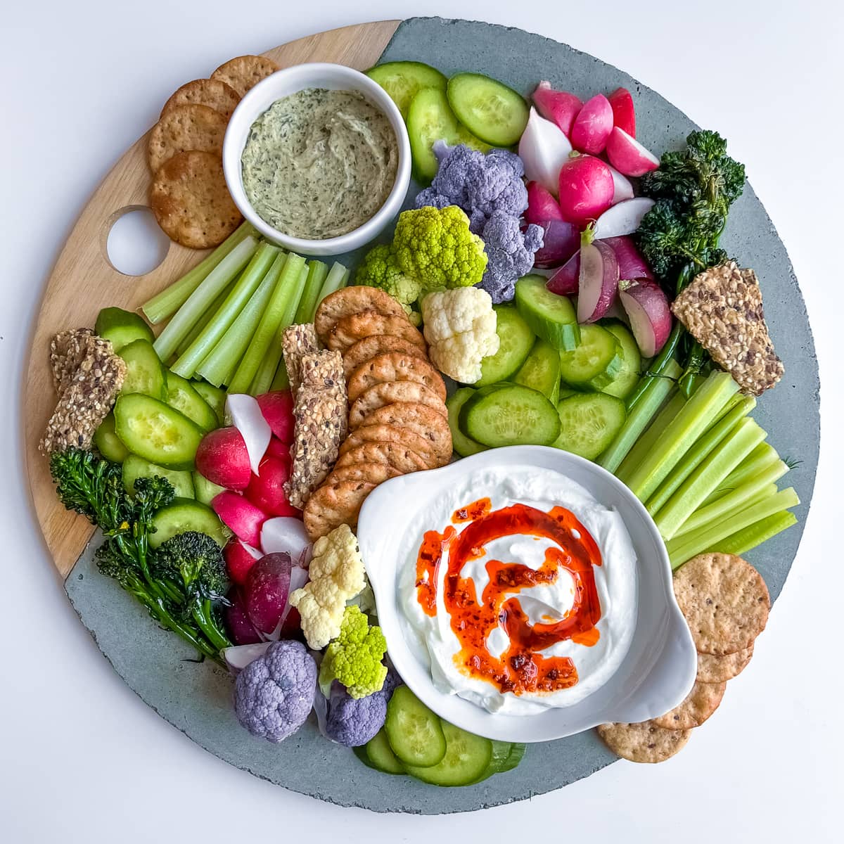 Assorted colorful crudite with dip