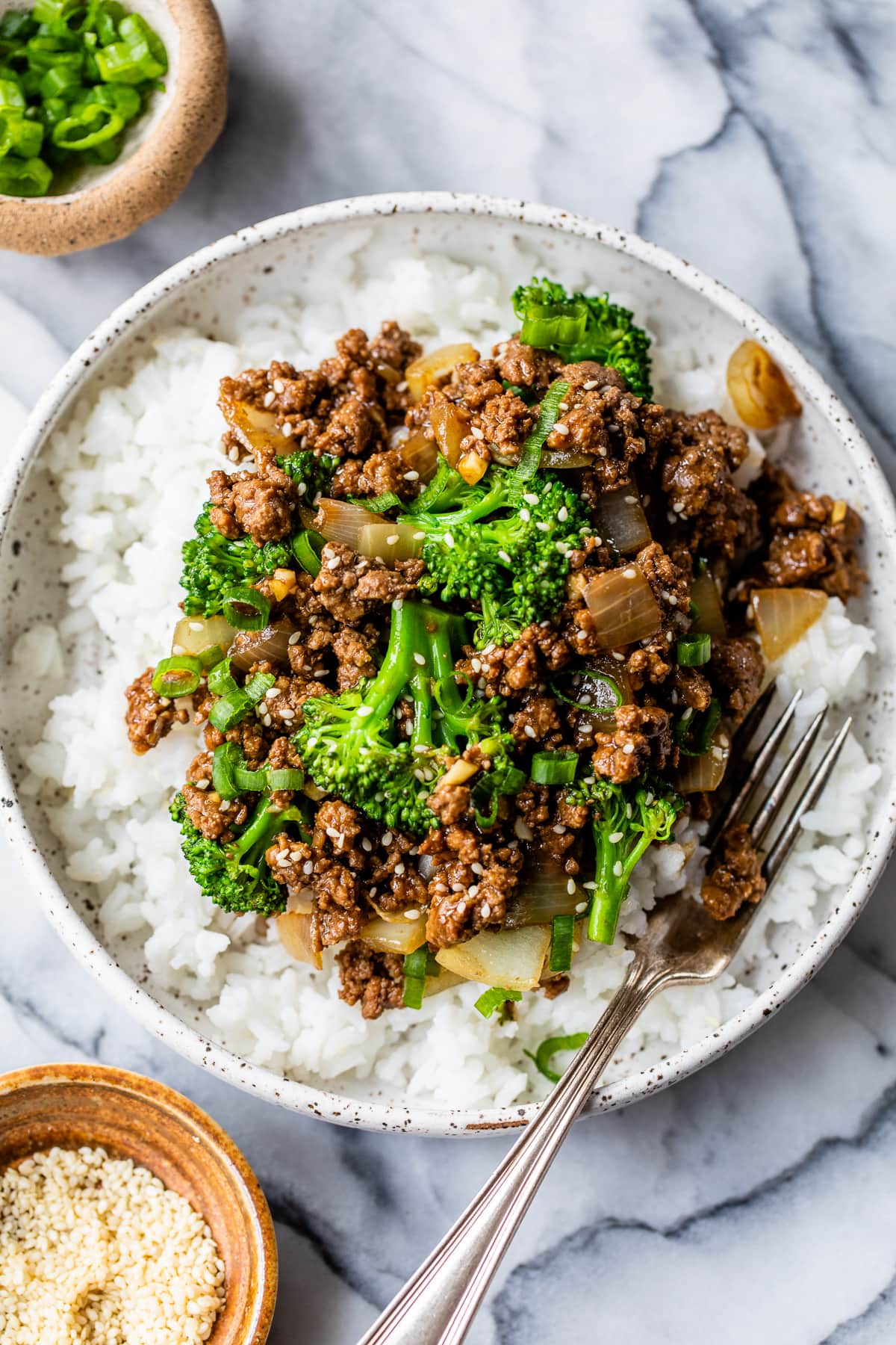 Ground Beef and Broccoli with rice on a plate with a fork