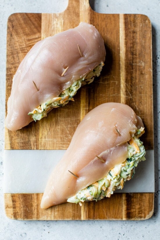 Chicken breast stuffed with toothpicks