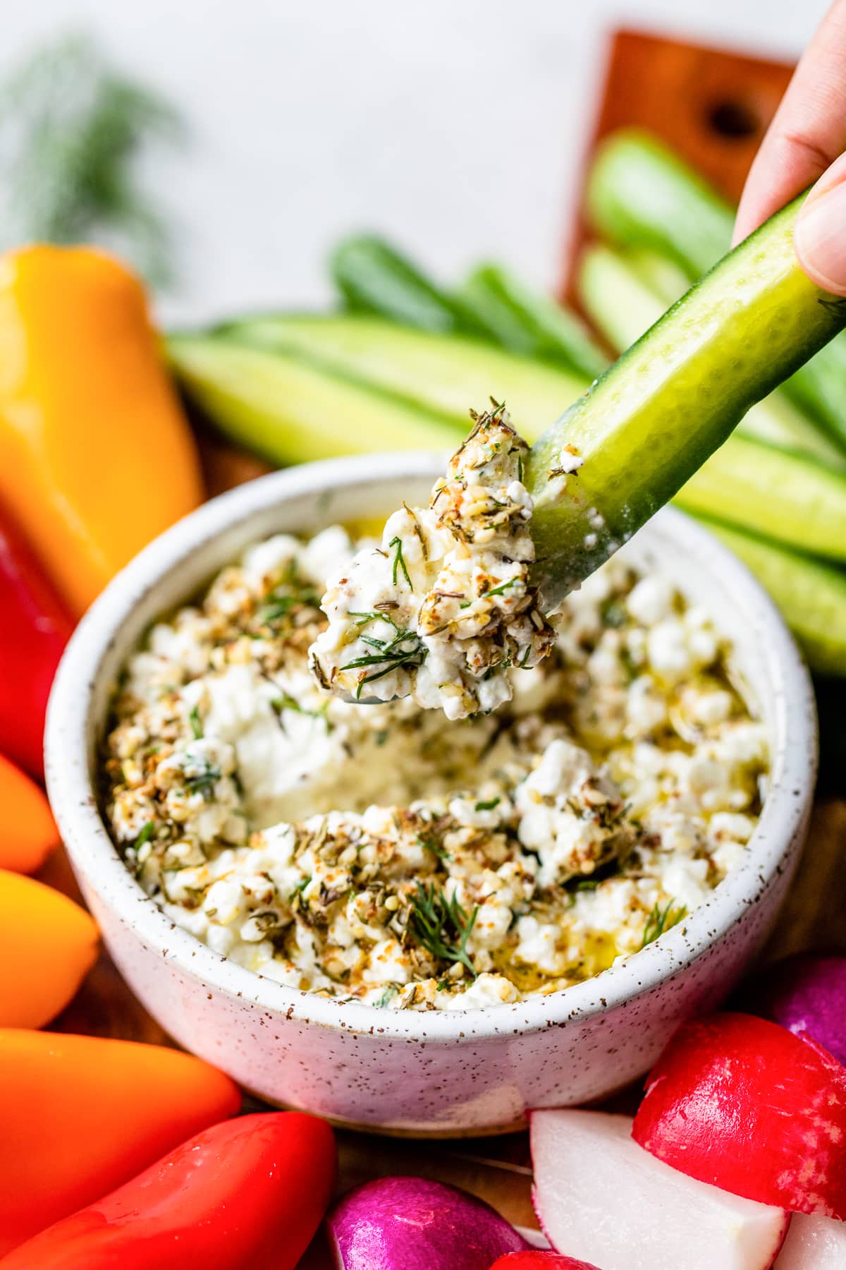 Excessive-Protein Cottage Cheese Veggie Dip with Za’atar