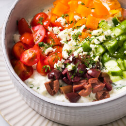 Cottage Cheese with cucumbers, tomatoes, bell peppers and olives