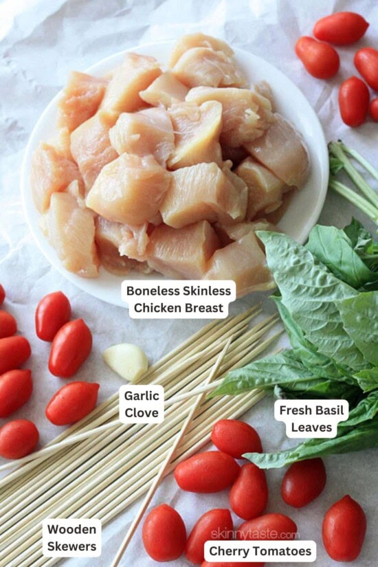 Ingredients for Grilled Pesto Chicken and Tomato Kebabs.