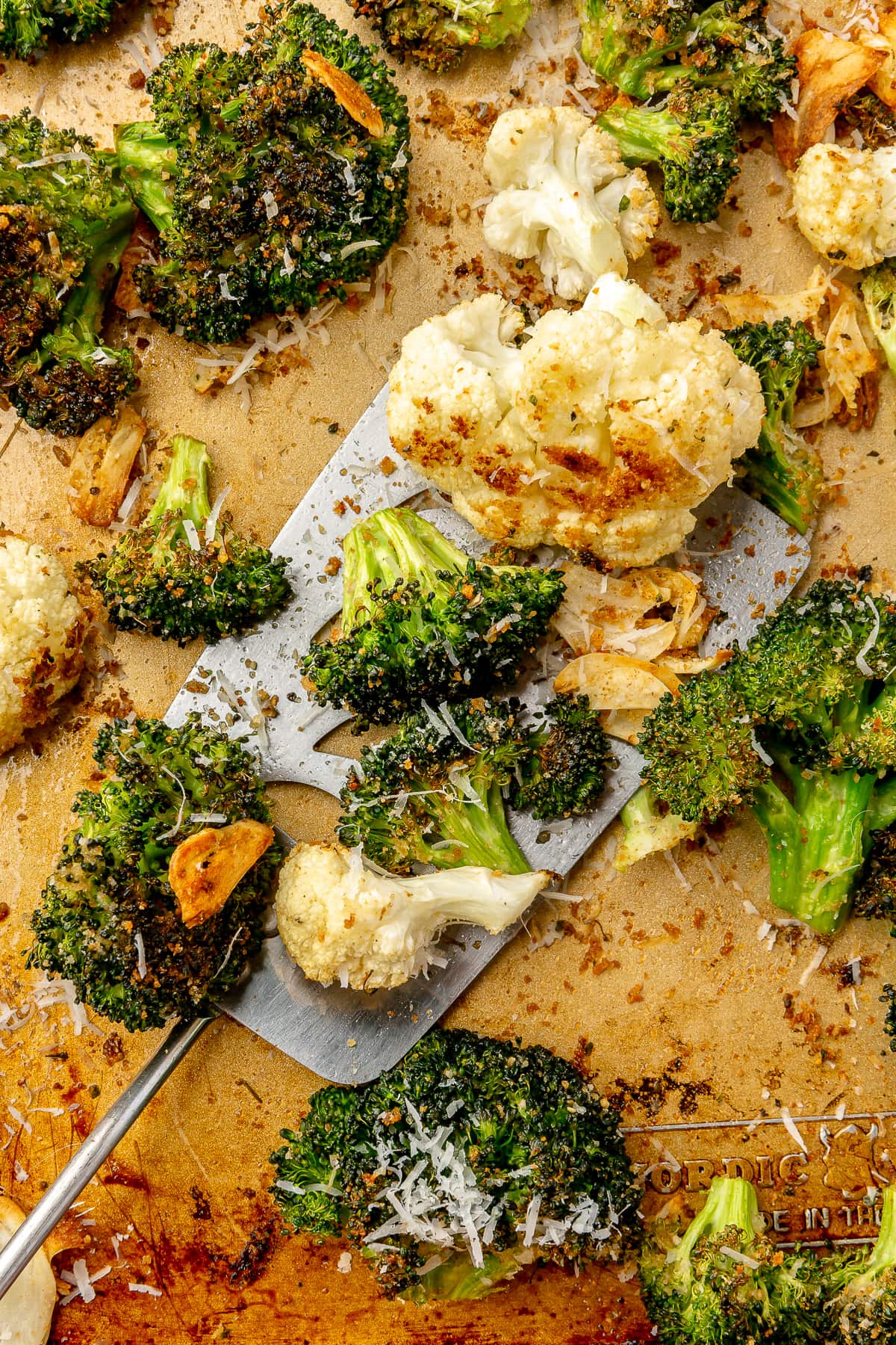 sheet pan with broccoli and cauliflower